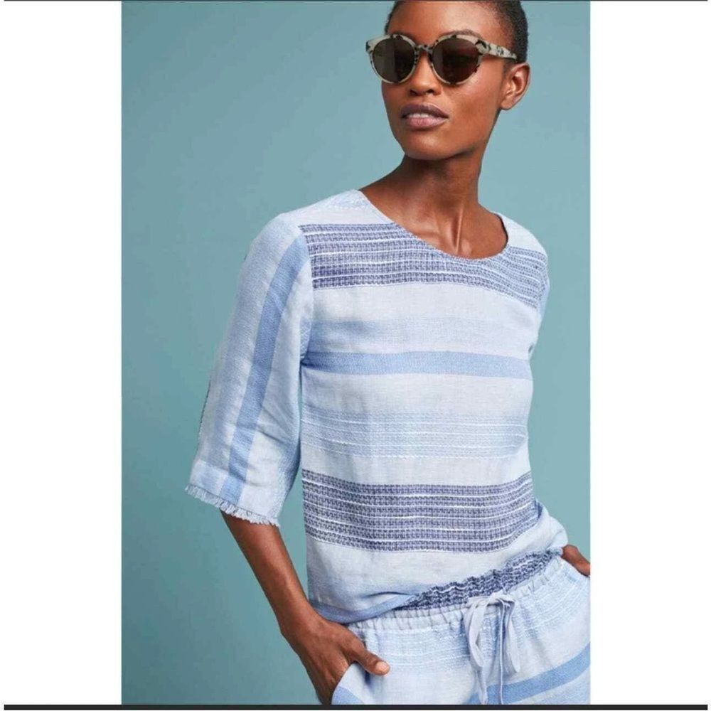 Anthropologie Cloth and Stone Blue Stripe Linen Blend Tie back Top Sz XS NWT